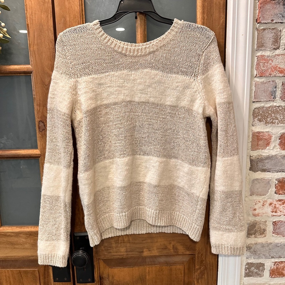 LOFT Striped Sweater‎ Women Large Beige Ivory Mohair Wool Blend Open Knit